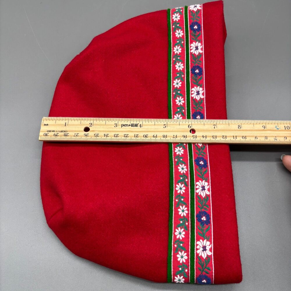 Vintage Scandinavian Folk Hat Red Wool Bonnet Floral Trim Lining Ladies Cap - Picture 7 of 8